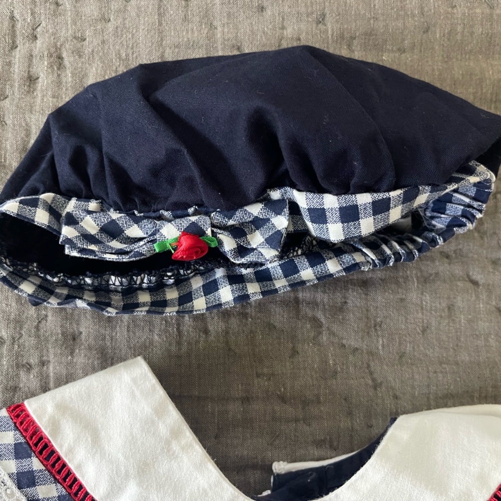 Vintage Navy White Dress & Cap Matching Set Rosettes 2T Cotton Gingham Collar - Picture 3 of 12